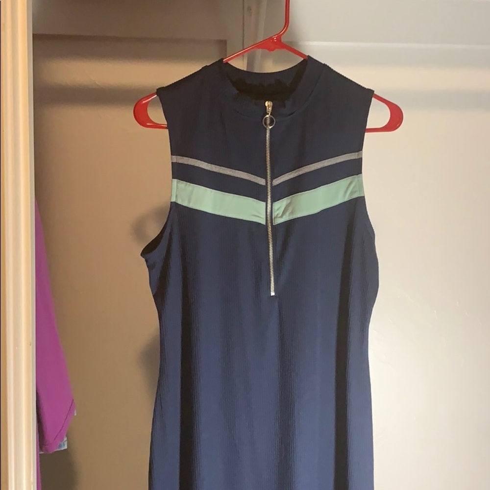 Blue dress with zipper detail.